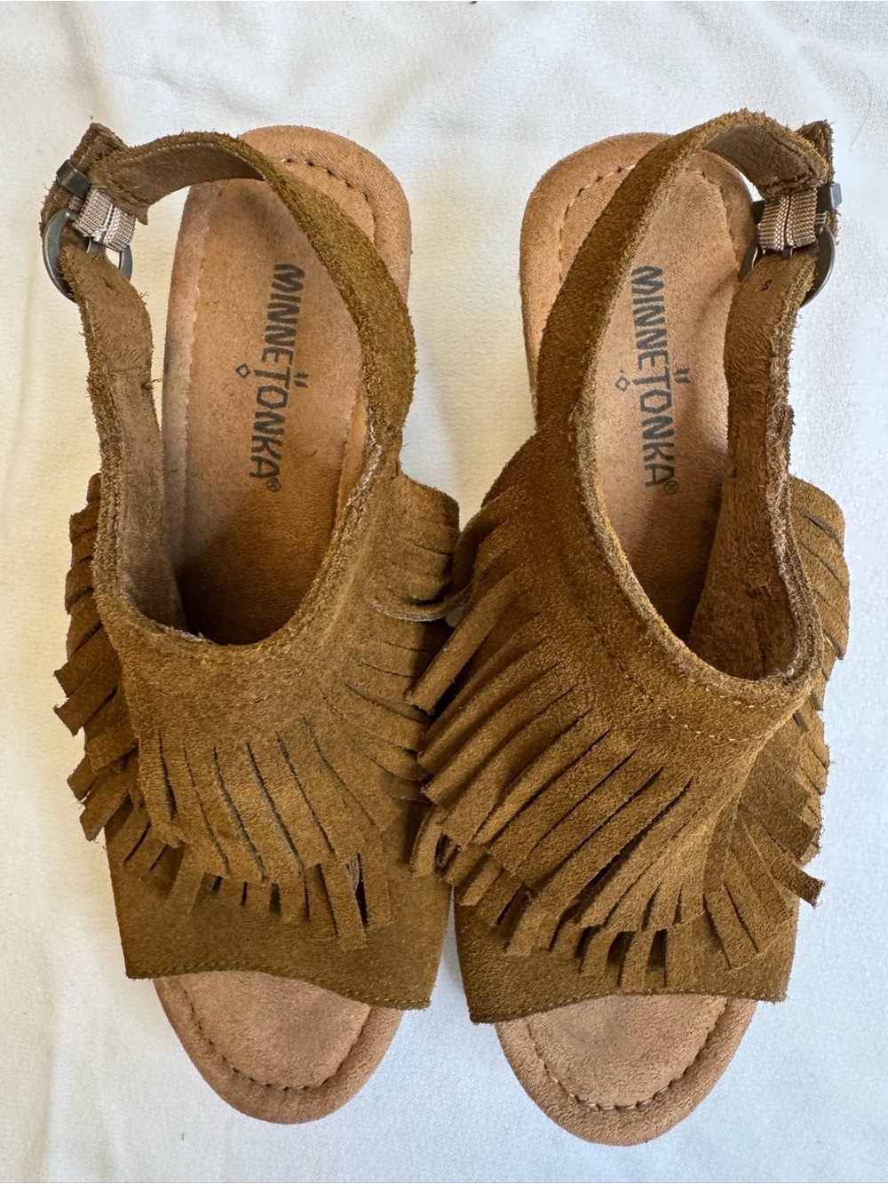 Minnetonka Ashley Suede Fringe Wedge Sandals 8 Brown Boho Espadrille Slingback - Picture 3 of 12